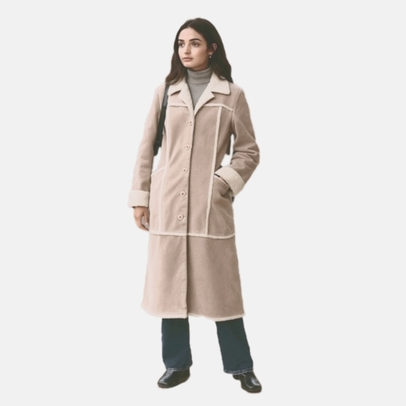 VINTAGE 90s WET SEAL Cream/Beige Suede Trench Coat,Faux Sherpa, US Womens Medium - Picture 1 of 7